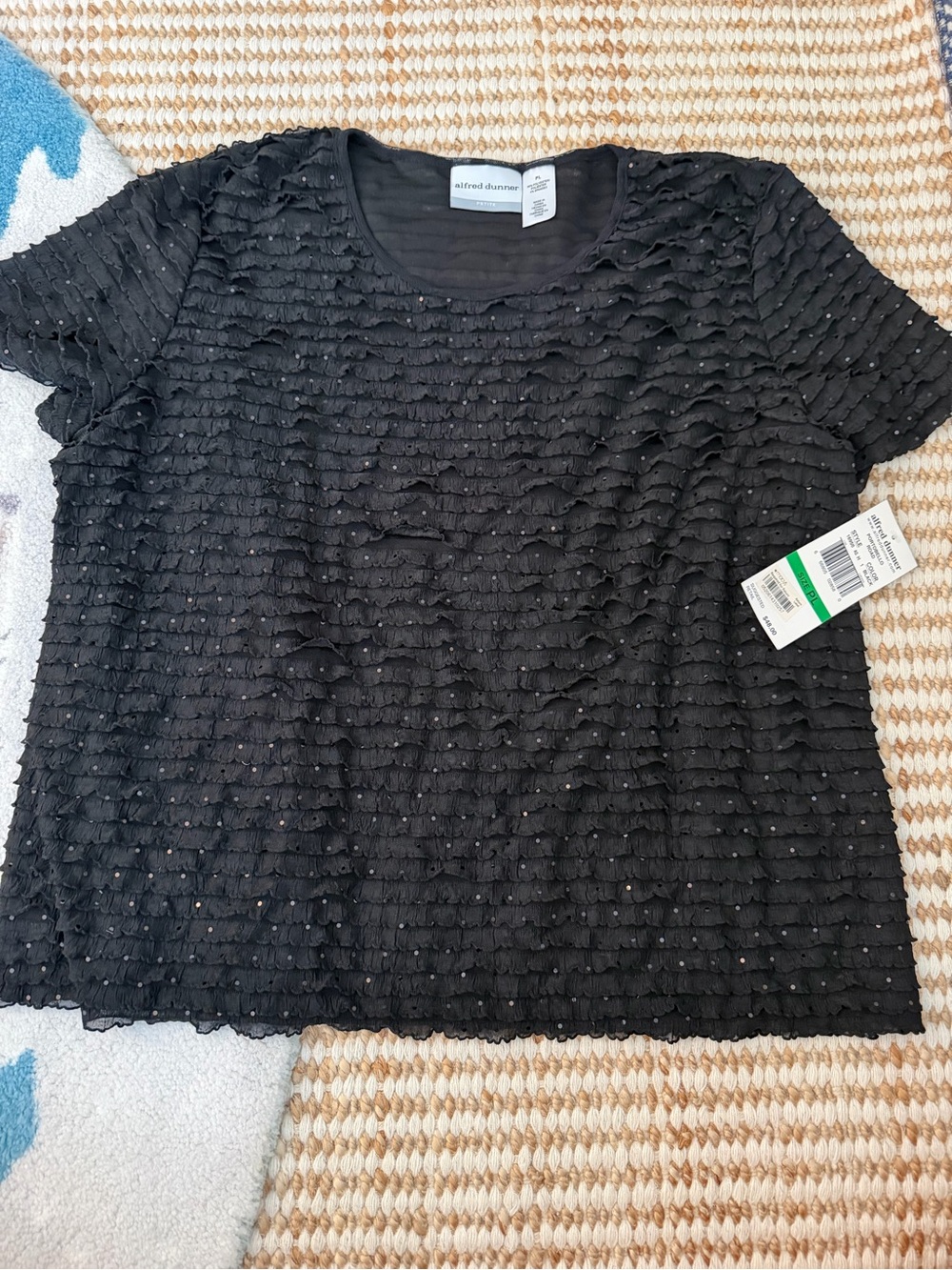 Alfred Dunner Women’s Petite PL Black Knit Scoop Neck Sequin Ruffle Top